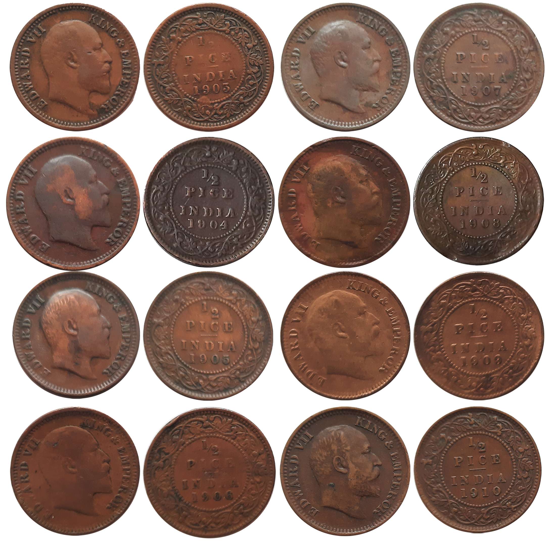 Edward VII, Copper, 1/2 Pice (8), 1903, 1904, 1905, 1906, 1907, 1908, 1909, 1910. Very fin