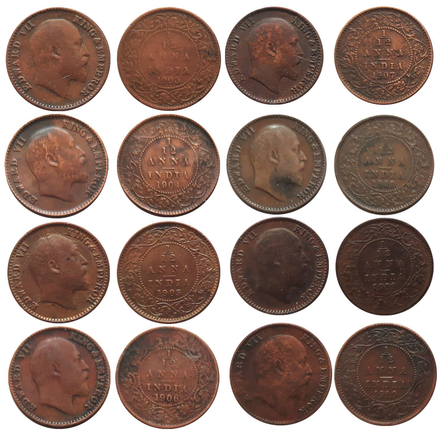 Edward VII, Copper, 1/12 Anna (8), 1903, 1904, 1905, 1906, 1907, 1908, 1909, 1910. Very fi