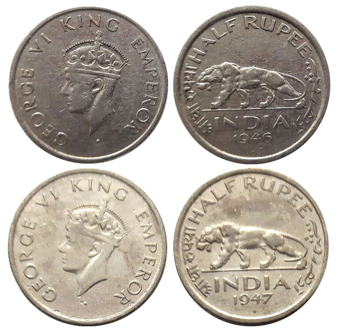 George VI, Nickle, 1/2 Rupees (2), 1946, 1947. Very fine to very fine+. 2 coins.