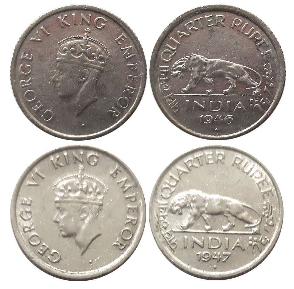 George VI, Nickle, 1/4 Rupees (2), 1946, 1947. Very fine to very fine+. 2 coins.
