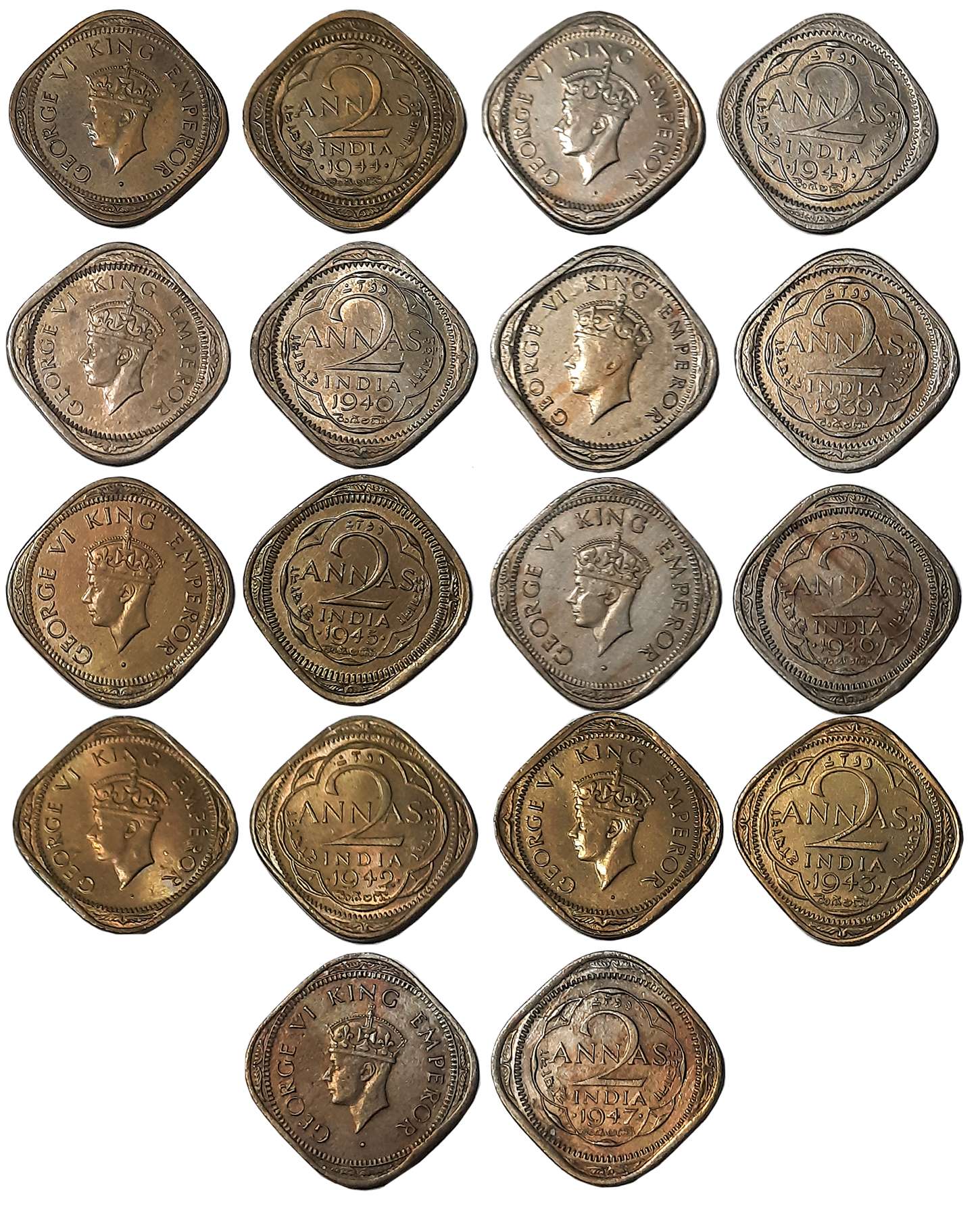 George VI, Copper Nickle, 2 Anna (9), 1939, 1940, 1941, 1942, 1943, 1944, 1945, 1946, 1947