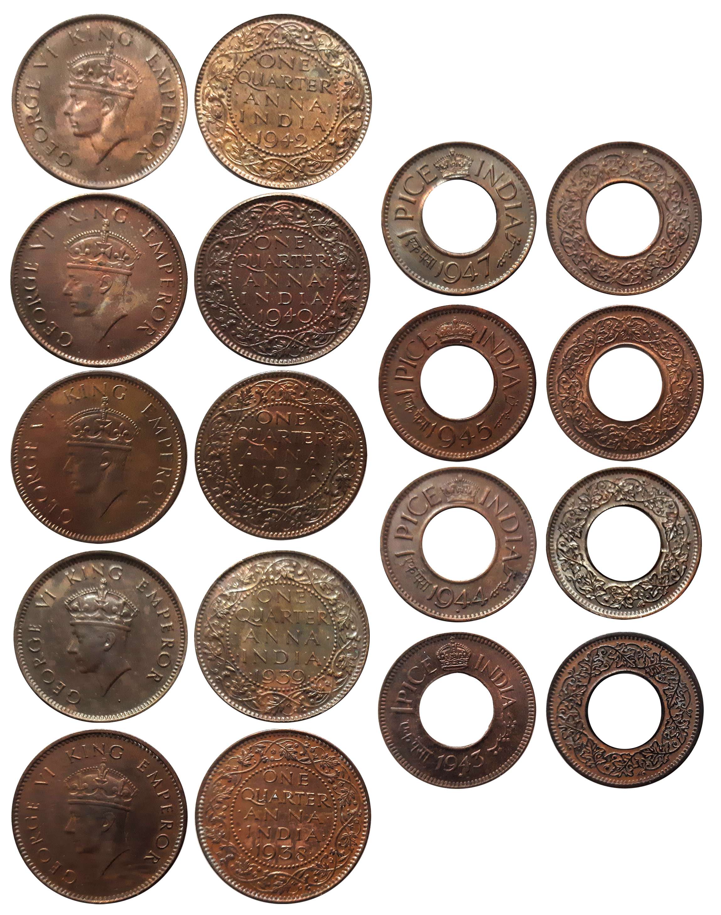 George VI, Copper, 1/4 Anna (9), 1938, 1939, 1940, 1941, 1942, 1943, 1944, 1945, 1947. Ext