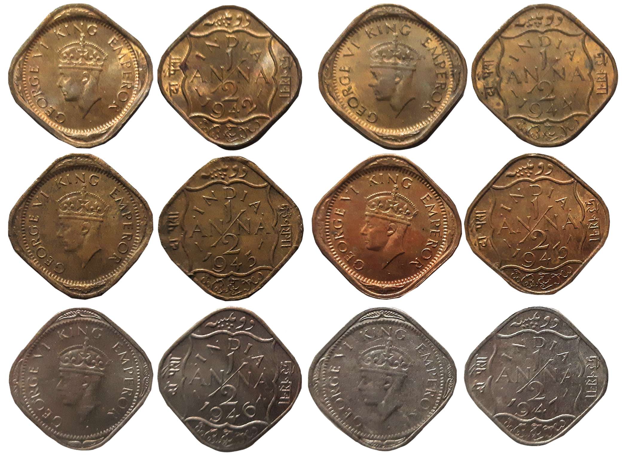 George VI, Nickle Brass, 1/2 Anna (6), 1942, 1943, 1944, 1945, 1946, 1947. Extremely fine 