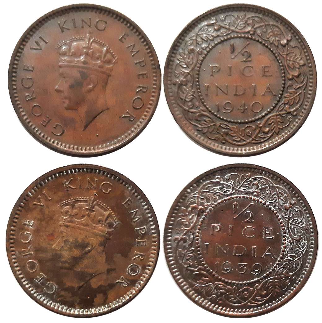 George VI, Bronze, 1/2 Pice (2), 1939, 1940. Extremely fine+ to about uncirculated. 2 coin