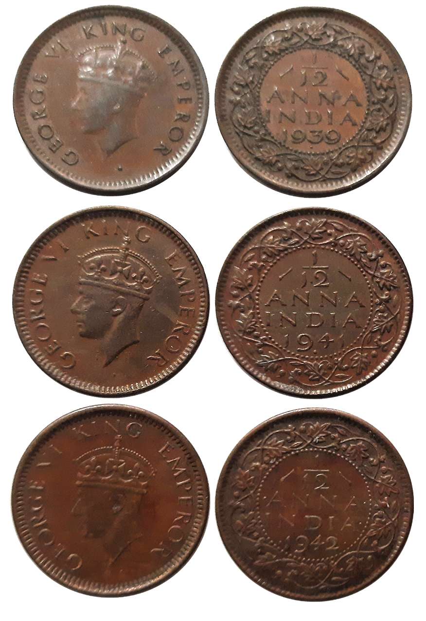 George VI, Bronze, 1/12 Anna (3), 1939, 1941, 1942. Very fine+ to extremely fine+. 3 coins