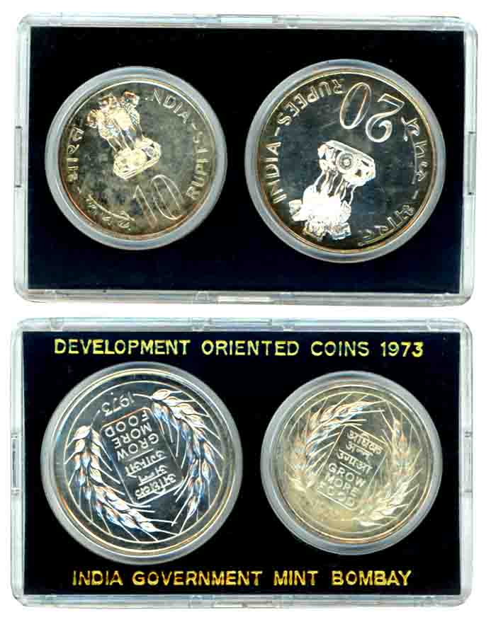 1973, Development Oriented Coins, Uncirculated Silver Set of 2, Rupees 20 & 10, “Grow More