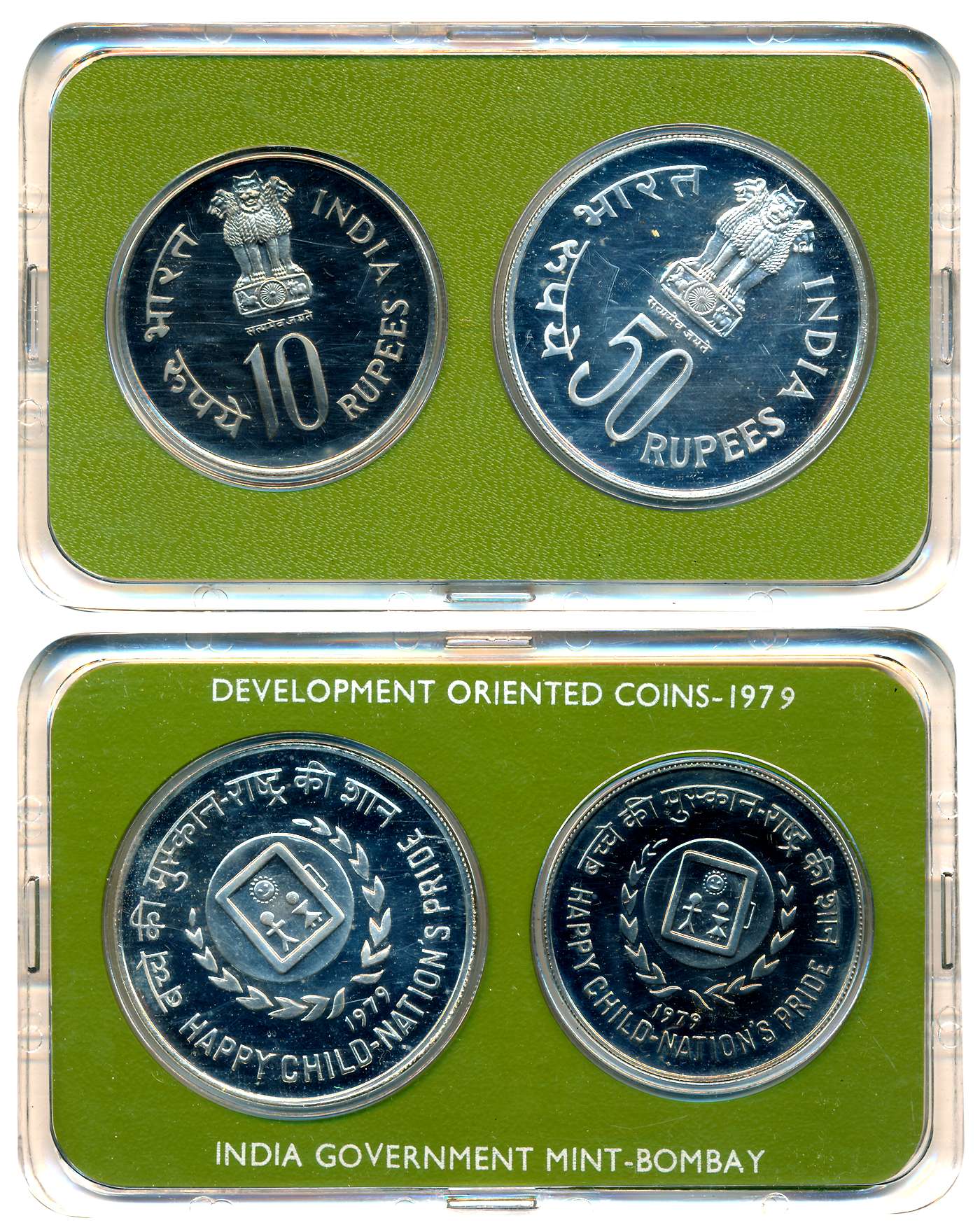 1979, Development Oriented Coins, Uncirculated Silver set of 2, Rupees 50 & 10, “Happy Chi