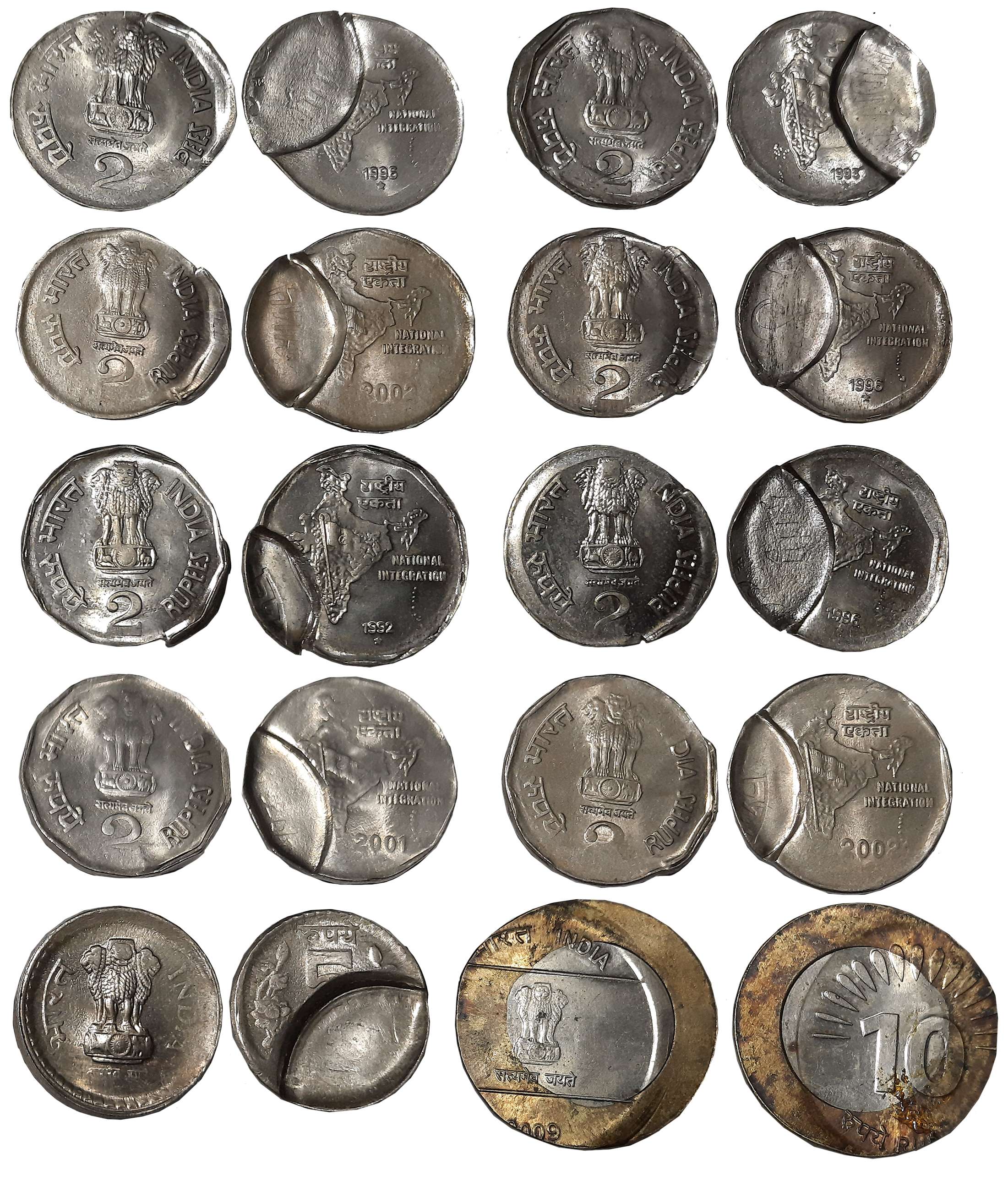 OMS struck on Steel, Rupees 10 (1), OMS Brass Rupees 5 (1) &amp; OMS Brass, Rupees 2 (8). 