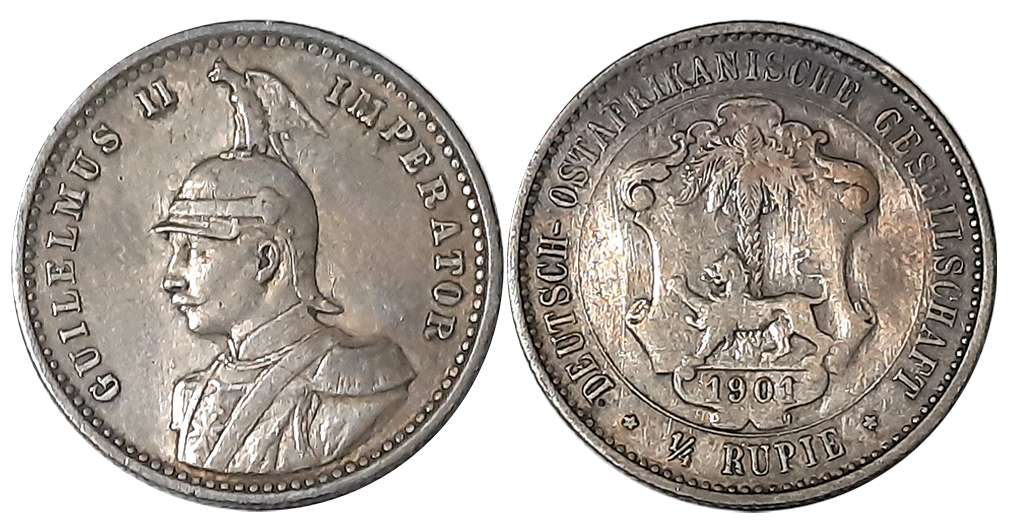 German East Africa, Wilhelm II, Silver 1/4 Rupee, 1901 (KM# 3). Very fine.