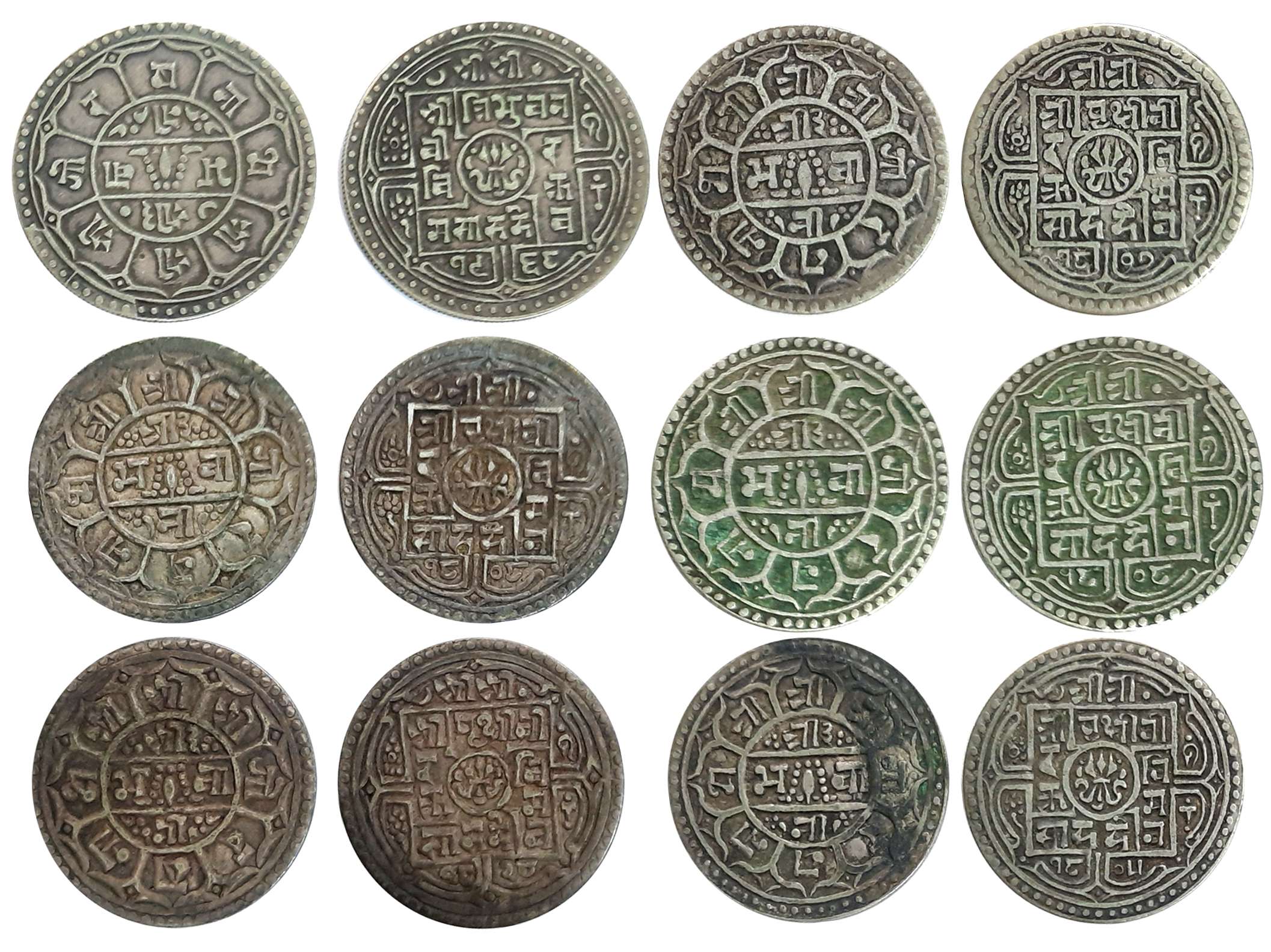 Nepal, Silver 1 Mohar (6), Various rulers. Uncleaned, very fine to very fine. 6 coins.