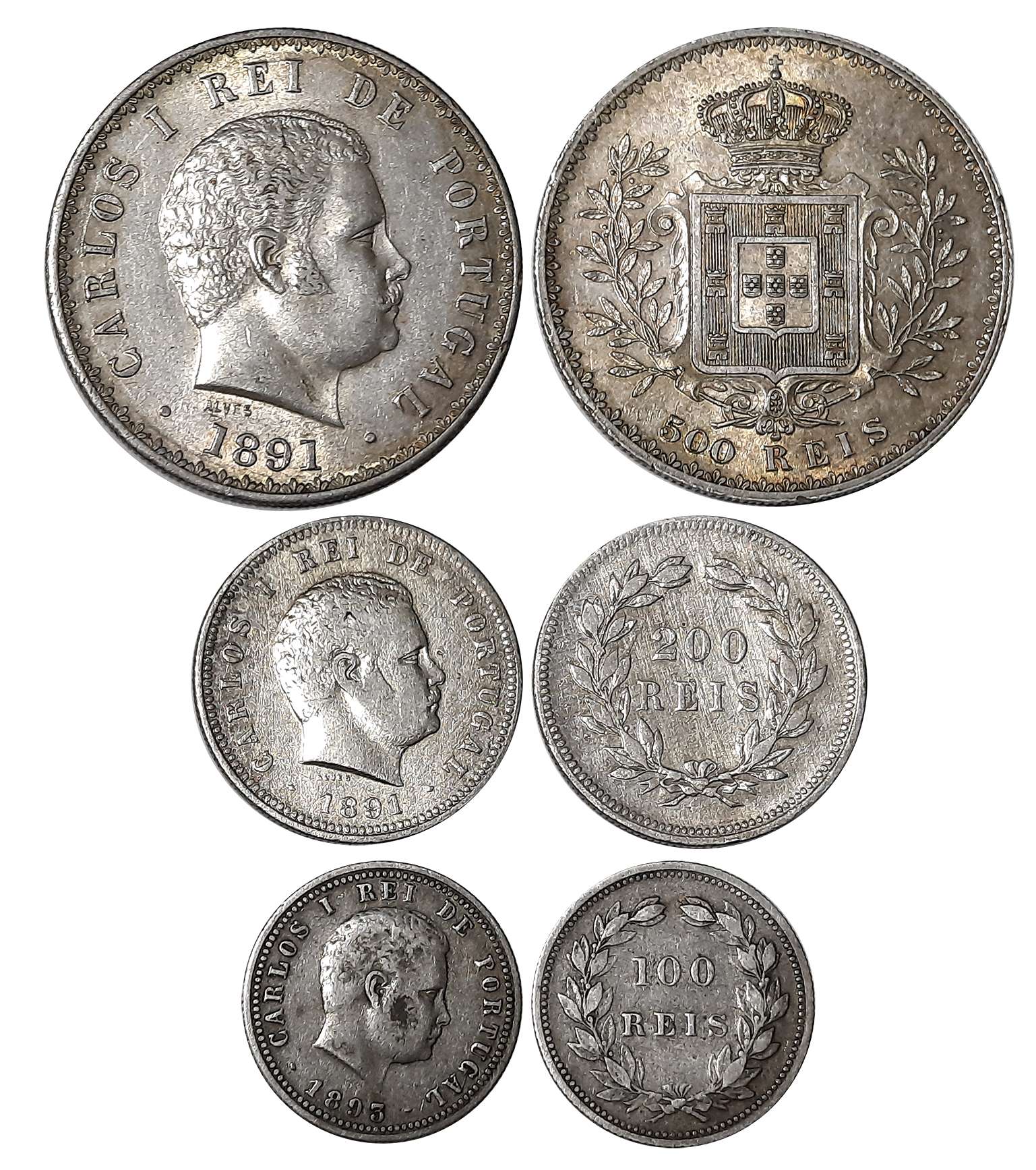 Portugal, Carlos I, Silver (3), 1891, 500 Reis, 1891, Obv: Head to left, Rev: Crowned arms