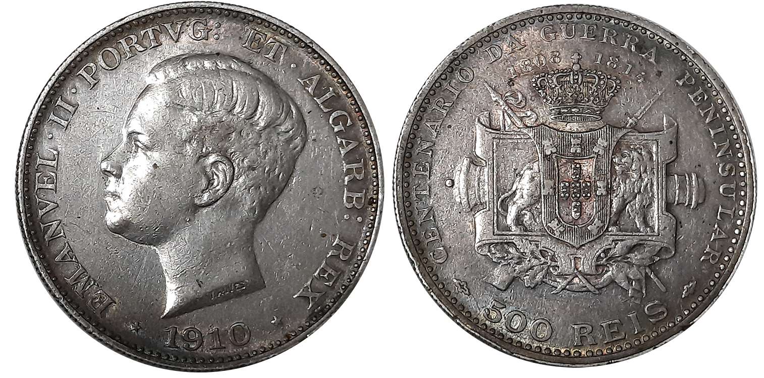 Portugal, Manuel II, Silver 500 Reis, 1910, Obv: Liberty head to left, Rev: Crowned shield