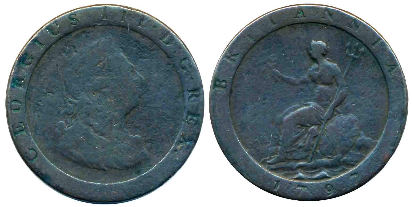 United Kingdom, George III, Copper 1 Penny, 27.93g, 1797, Obv: Laureate and draped bust of