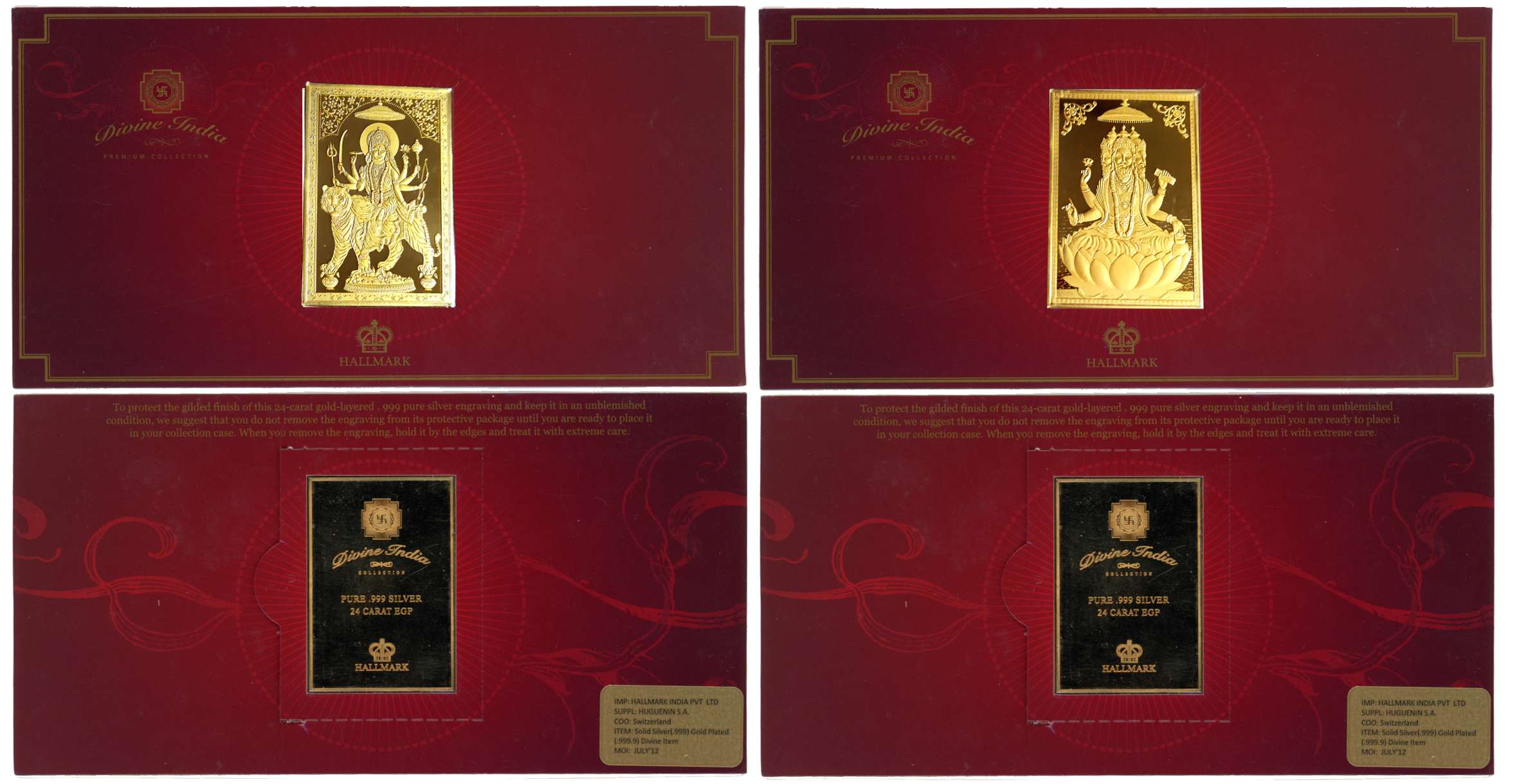 Vaishno Devi and Brahma, Proof, Gold Gilt Silver bar (2), 50.00g each, Issued by Hallmark 
