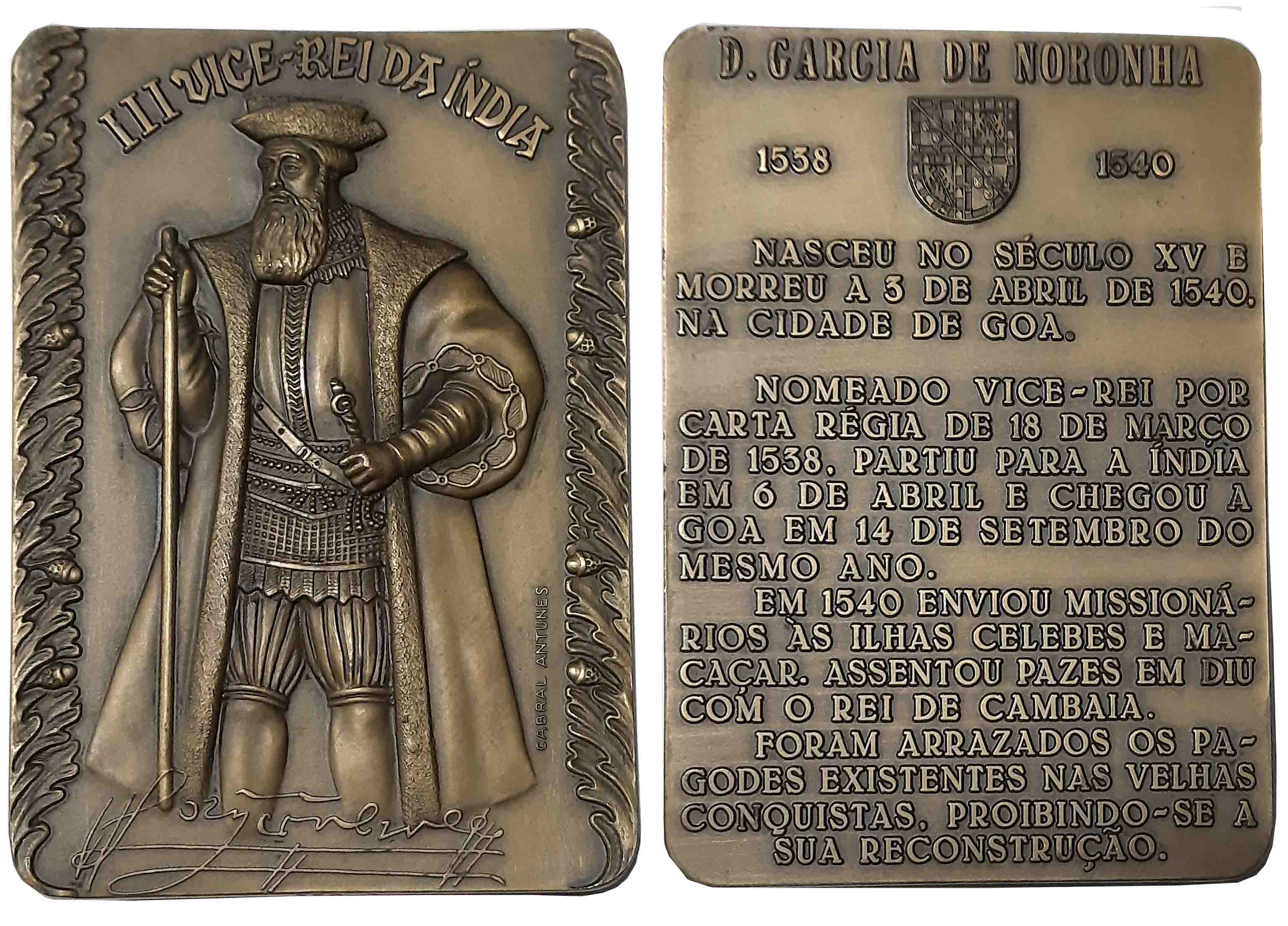 Portuguese, 3rd Viceroy of India D. GARCIA DE NORHONNA, Rectangle Heavy Bronze Medal, Obv: