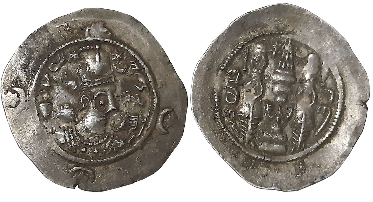 Sassanian, Silver Drachma, 3.85g, Obv: Crowned and cuirassed bust of the ruler to right, R
