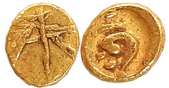 Chalukyas of Badami, Anonymous, Gold Fanam, 0.43g, Obv: Parasol, Rev: Conch within a beade