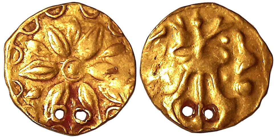 Chalukyas of Kalyana, Anonymous Gold Gadyana, 4.39g, Obv: Bloomed Lotus, Rev: Trident. Pie