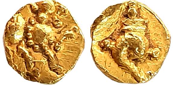 Chalukyas of Kalyana, anonymous, Gold Fanam 0.38g, Obv: Lion with raised forepaw, facing r