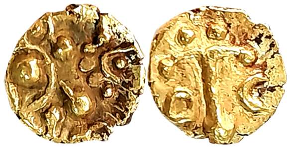 Chalukyas of Kalyana, Gold Fanam, 0.36g, Obv: Lion standing facing right with raised paw, 