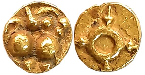 Chalukyas of Kalyana, Gold Fanam, 0.34g, Obv: Lion standing facing right with a raised paw