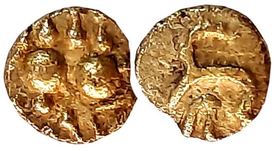 Chalukyas of Kalyana, Gold 1/2 Fanam, 0.21g, Obv: Lion standing facing right with raised p
