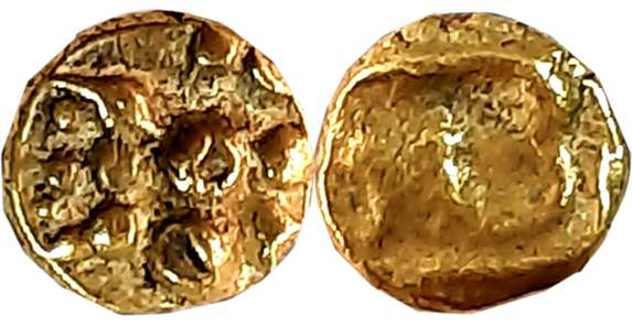 Chalukyas of Kalyana, Gold Fanam, 0.33g, Obv: Lion standing facing left with raised fore p