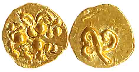 Chaluyas of Kalyana, Jayasimha II Jagadekamalla, Gold Haga-1/4 Fanam, 0.10g, Obv: Lion sta