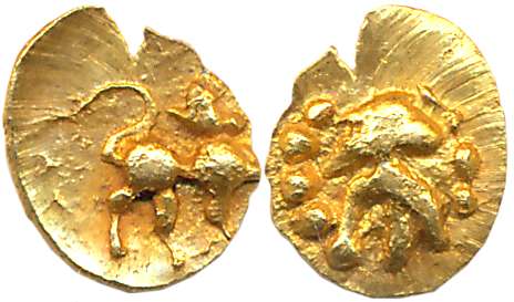 Chalukyas of Kalyana, Jagadekamalla, Gold Haga-1/4 Fanam, 0.10g, Obv: Lion with raised for
