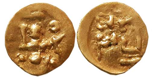 Gangas of Odisha, Anonymous, Gold Fanam, 0.48g, Obv: Bull seated facing right, Rev: Legend